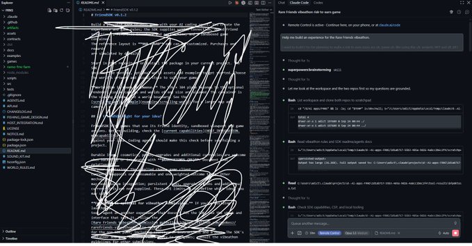A computer screen displays an IDE with messy white scribbles covering code on the left and a Claude Code AI assistant chat on the right helping with React, CSS, and database setup.