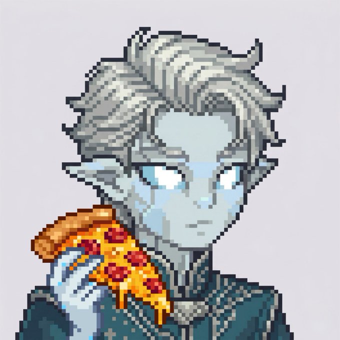 A pixel art illustration of a pale-skinned character with pointed ears and wavy white hair, wearing dark clothing and eating a slice of pepperoni pizza.