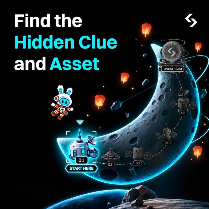 A Moonlist promotional graphic reading "Find the Hidden Clue and Asset" shows a pixel astronaut character floating near a crescent moon base with numbered locations (01 START HERE, 02, 03, 04, 05 LIVESTREAM) and floating lanterns.