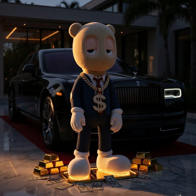 A 3D-rendered cartoon character wearing a suit and dollar-sign chain, standing in front of a black Rolls-Royce with gold bars and cash scattered on the ground.