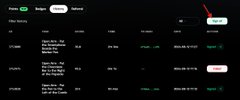 A screenshot of a dark-themed cryptocurrency exchange interface displaying a 'Para Yatırma' (deposit) history with multiple transactions in TRY, with a red arrow pointing to the 'TRY' button in the upper right.