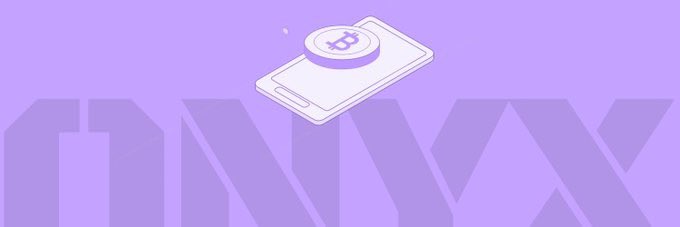 A minimalist purple graphic featuring the OKX logo with a Bitcoin symbol on a small device, set against 3D 'OKX' lettering in the background.