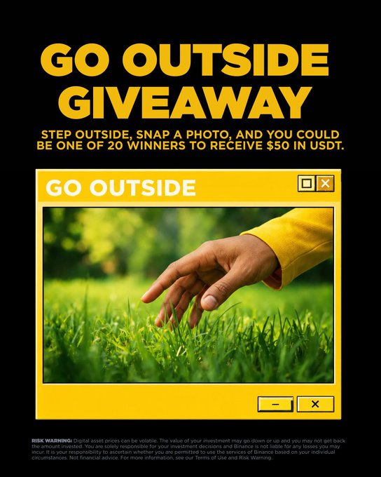 The image promotes a "GO OUTSIDE GIVEAWAY" where 20 winners receive $50 in USDT for stepping outside and snapping a photo, illustrated by a hand touching green grass in a retro window frame design. The accompanying post announces the giveaway winners, congratulating the 20 selected participants from the contest.