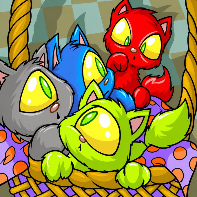 Cartoon illustration of four cats in gray, blue, red, and green sitting together in a woven basket on a checkered background.