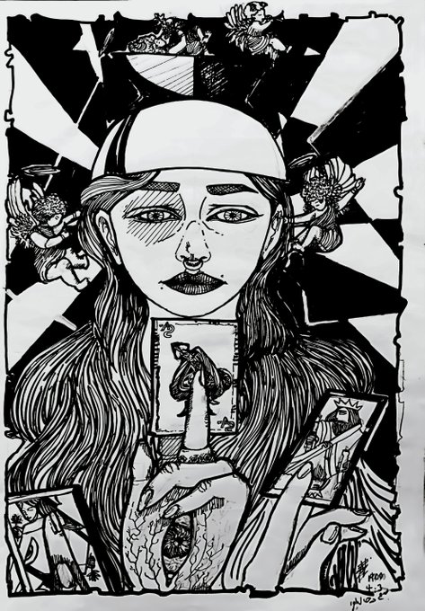 A detailed black-and-white pen drawing of a woman holding tarot cards, surrounded by cherubs and symbolic imagery in a striking illustrated style.