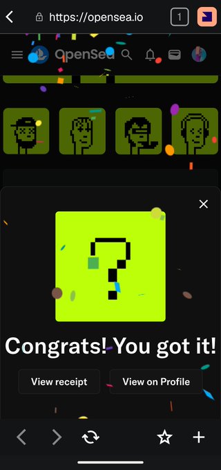 A screenshot from OpenSea showing pixel art NFTs and a pop-up reading "Congrats! You got it!" over a question mark.