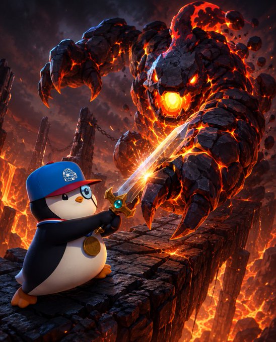 A digital artwork depicting a small penguin wearing a blue baseball cap and a gold medallion, bravely wielding a glowing sword against a massive, fiery lava monster in a volcanic landscape.