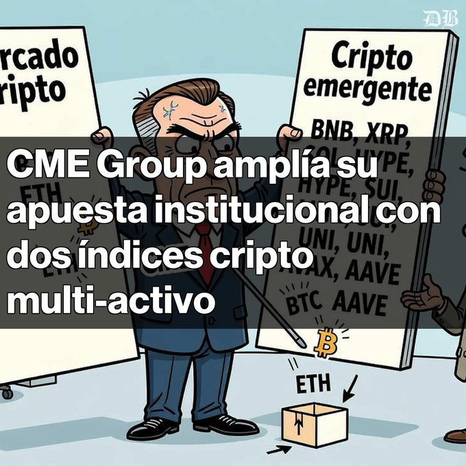 An illustrated cartoon shows an angry businessman holding signs about crypto markets, with Spanish text overlay reading 'CME Group amplía su apuesta institucional con dos índices cripto multi-activo.'