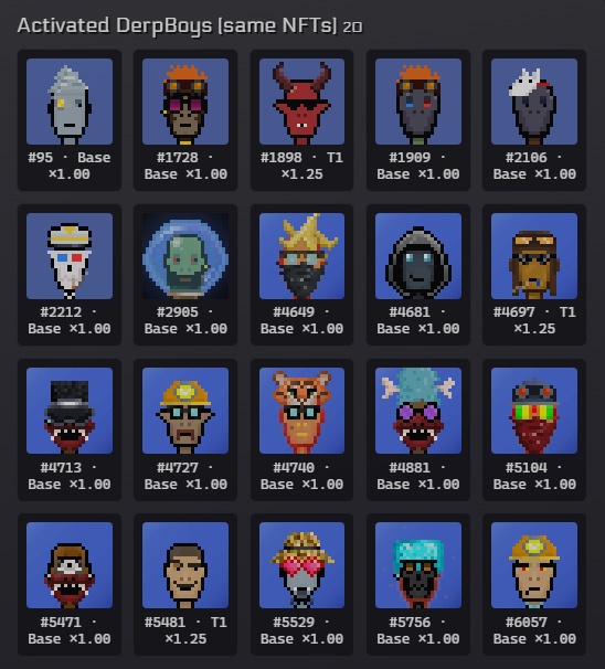 A grid display titled 'Activated DerpBoys (same NFTs) 2.0' showing 20 pixel-art character NFT thumbnails, each labeled with an ID number and a multiplier value (e.g., '#95 · Base ×1.00', '#1728 · Base ×1.00').