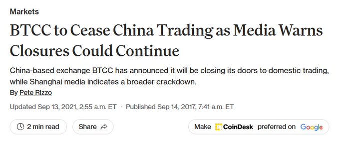 A CoinDesk Markets headline from September 14, 2017, reads "BTCC to Cease China Trading as Media Warns Closures Could Continue," reporting on the China-based exchange BTCC shutting down domestic trading amid Shanghai media signaling a broader crackdown. This directly matches the post's reference to BTCC announcing its trading halt on the same date as part of China's exchange crackdown following the September 4, 2017 ICO ban.