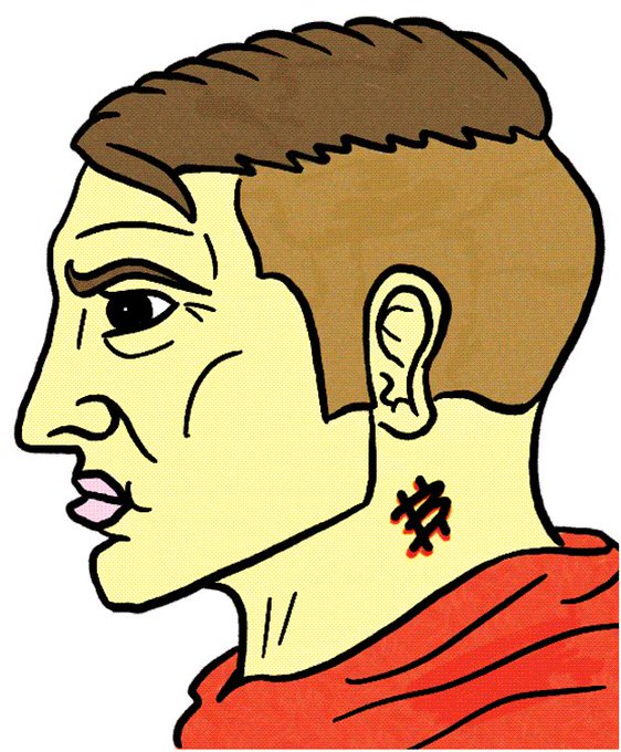 A profile cartoon illustration of a man with brown hair wearing a red garment, featuring a small abstract black, red, and yellow tattoo on his neck.
