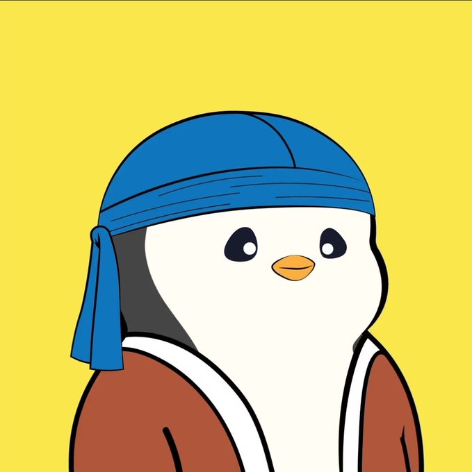 A cartoon penguin character wearing a blue bandana and brown jacket appears against a yellow background, representing the Pudgy Penguins NFT project mentioned in the post about making a leveraged long ETH bet through Pudgy Penguins tokens.