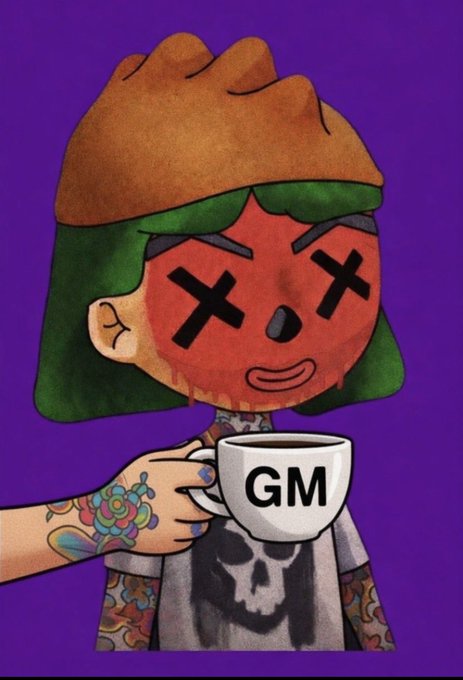 An illustrated cartoon character with a brown beanie, green hair, and X-shaped eyes holds a hand with tattoos offering a white mug labeled 'GM' against a purple background.