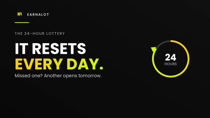 A dark promotional graphic for 'EARNALOT' advertising 'THE 24-HOUR LOTTERY' with the tagline 'IT RESETS EVERY DAY' and a circular '24 HOURS' countdown graphic.