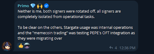A Discord message from user 'Primo' with diamond emojis stating that signers were rotated off and are isolated, clarifying that Stargate usage was internal and memecoin trading tested PEPE's OFT integration.