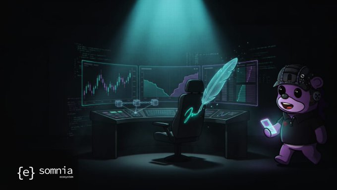 A dark, moody digital illustration featuring a character sitting at a multi-monitor trading setup with charts and a quill pen, alongside a purple bear mascot character, branded with the 'somnia ecosystem' logo.