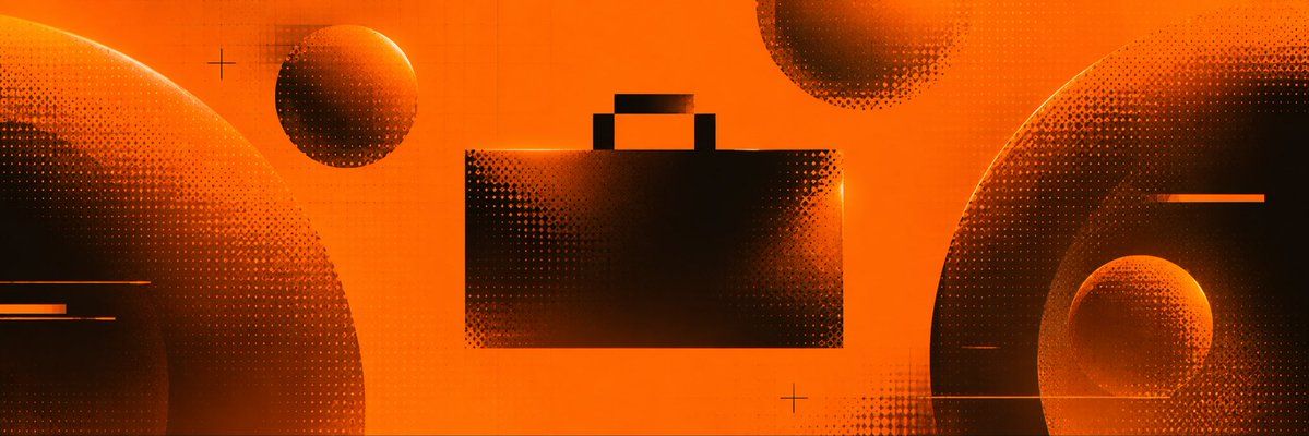 An abstract orange graphic features a black briefcase silhouette centered among dotted, curved shapes and circles.