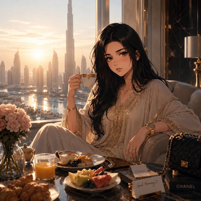 An anime-style woman with long dark hair enjoys an elegant breakfast at a luxury high-rise overlooking the Dubai skyline at sunrise, featuring a "Good Morning" note, a Chanel bag, and a table spread with pastries, fruit, orange juice, and coffee. The opulent, aspirational lifestyle imagery complements the post's theme of seamless, premium financial convenience with the Tria virtual card.
