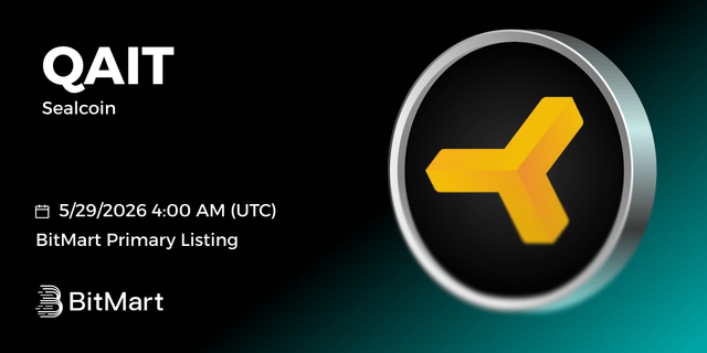 The image features a logo of a yellow triangle with a black border, which is part of a banner promoting a coin called Sealcoin. The text "QAIT" is written below the logo, indicating that this is related to the coin listing on Bitmart's website. The website also suggests that the coin was listed at 5:29 PM (9:30 AM) and that it has a primary listing status of "BITMART PRIMARY LISTS".
