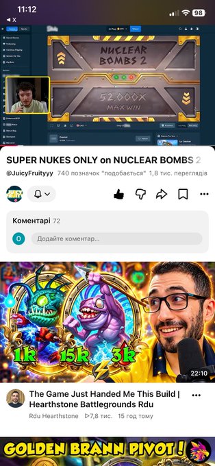A YouTube Shorts interface showing two stacked video thumbnails, the top advertising 'SUPER NUKES ONLY on NUCLEAR BOMBS 2' by '@JuicyFruityyy' and the bottom titled 'The Game Just Handed Me This Build | Hearthstone Battlegrounds Rdu' with the text 'GOLDEN BRANN PIVOT!'.