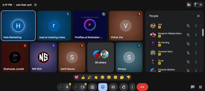 Screenshot of a Google Meet video call showing participant tiles labeled 'Hela Marketing', 'read.ai meeting notes', 'Fireflies.ai Notetaker', 'Vishal Jha', and others.