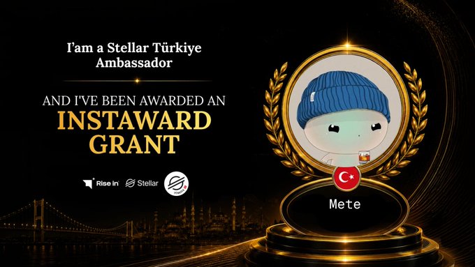 An award graphic stating 'I'm a Stellar Türkiye Ambassador AND I'VE BEEN AWARDED AN INSTAWARD GRANT' features a character named 'Mete' with a Turkish flag badge, alongside Rise In and Stellar logos.