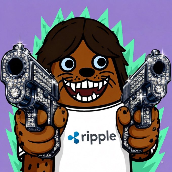A cartoon illustration of a brown character with a toothy grin holding two diamond-encrusted handguns, wearing a white shirt with the Ripple logo.