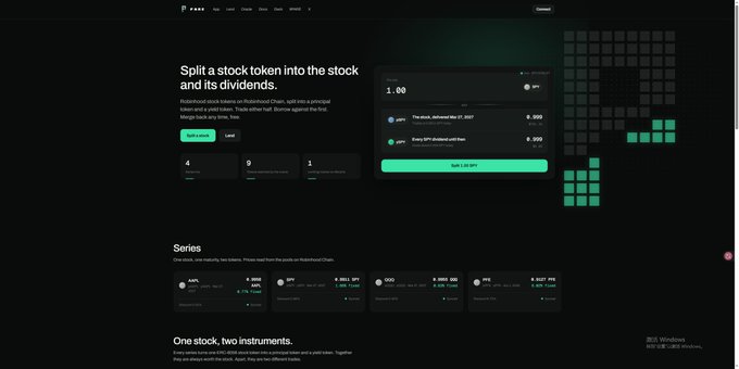 A dark-themed screenshot of the PARE website (parestocks.com) showcasing a "Split a stock token into the stock and its dividends" interface, featuring token amounts (1.00), dividend values (0.000, 0.000), a green "Split 1.00 APPL" button, and a Series section displaying NFT trading pairs like APPL/SPY and SPY/QQQ.