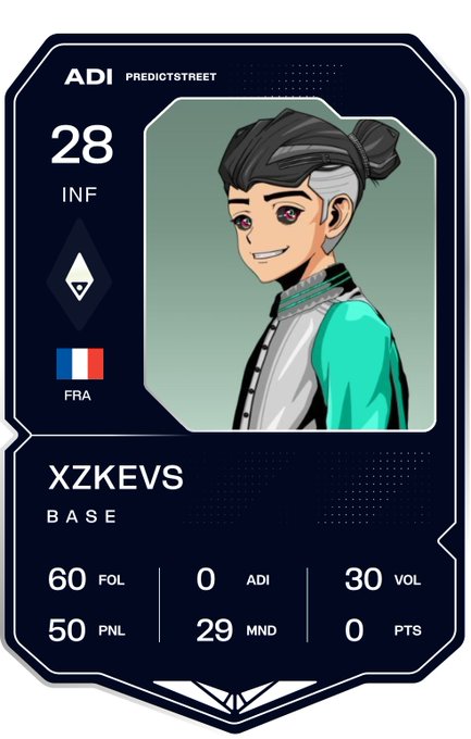 A digital trading card for 'XZKEVS' on ADI PREDICTSTREET, showing a cartoon character with a bun hairstyle, an INF rating of 28, French flag (FRA), and stats including 60 FOL, 0 ADI, 30 VOL, 50 PNL, 29 MND, and 0 PTS.