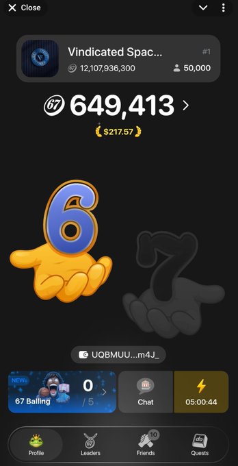 A mobile app screen showing a balance of 649,413 coins (worth $217.57) under the username 'Vindicated Spac...', featuring a large 3D number 6 and navigation tabs like Profile, Leaders, Friends, and Quests.
