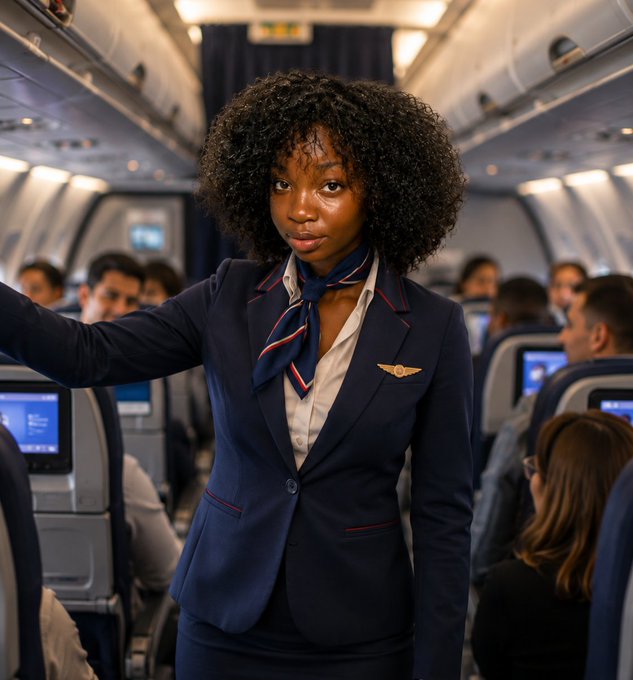 A Black woman with curly hair wearing a navy flight attendant uniform and a striped neck scarf stands in the aisle of a commercial airplane.