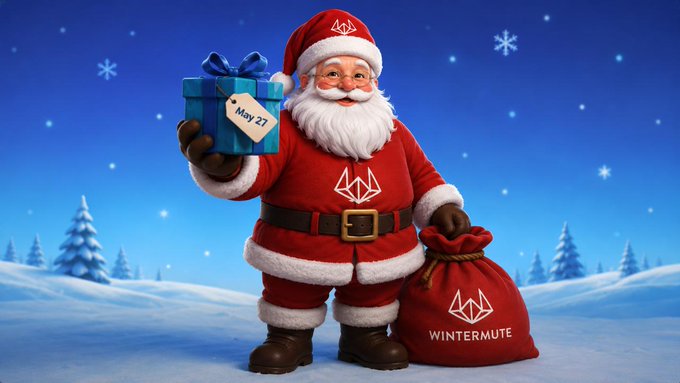 Santa Claus holds a blue gift tagged "May 27" and a sack labeled "Wintermute," set against a snowy backdrop. The image ties to the post by visually representing Wintermute's role as a generous supporter funding Ethereum security efforts led by SEAL Org and the DAO Fund.