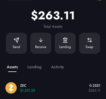 A crypto wallet dashboard shows total assets of **$263.11** and **0.2551 ZEC**, valued at **$263.11**. This aligns with the post’s bullish mention of **@zec_bit** and **$ZEC**, highlighting gains since the project’s $50–80 floor.