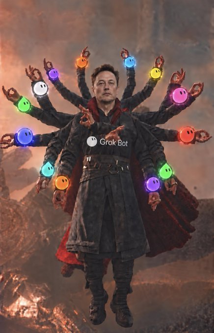 A digitally manipulated image of Elon Musk as Doctor Strange with multiple arms holding colorful glowing smiley faces, with 'Grok Bot' displayed on his chest.
