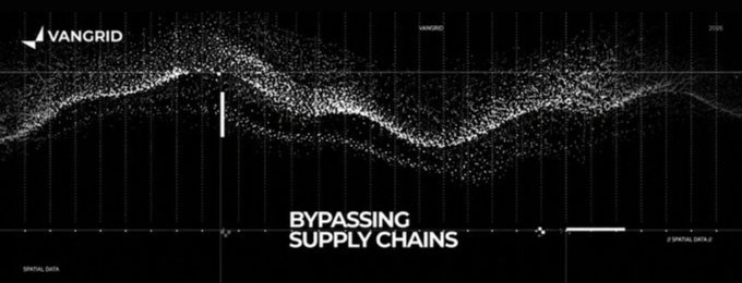 A black graphic with particle-like waves and the text 'VANGRID' and 'BYPASSING SUPPLY CHAINS'.