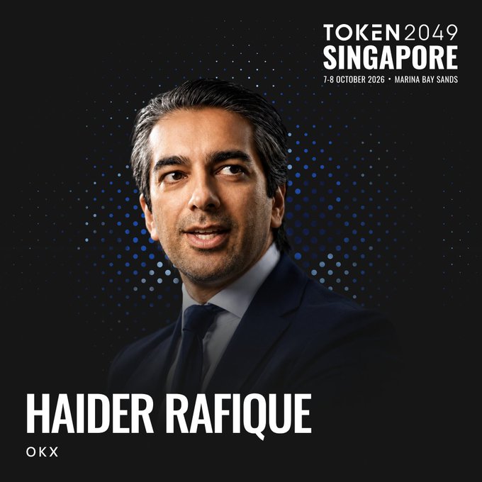 Haider Rafique of OKX appears as a featured speaker at TOKEN2049 Singapore (7-8 October 2026 at Marina Bay Sands), highlighted against a dark, starry digital backdrop that reinforces the conference's tech and crypto branding. The promotional graphic ties directly to his role as OKX's Global Managing Partner and CMO, positioning him as a key voice at the event.