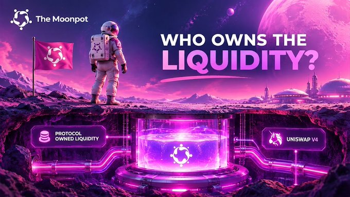 A promotional graphic for 'The Moonpot' asks 'WHO OWNS THE LIQUIDITY?' featuring an astronaut and a glowing purple tank comparing 'PROTOCOL OWNED LIQUIDITY' to 'UNISWAP V4'.