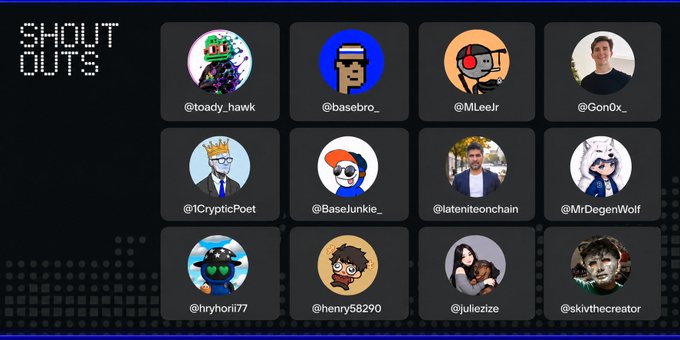 A grid of twelve social media profile pictures under a 'SHOUT OUTS' header, featuring handles like @toady_hawk, @basebro_, @MLeeJr, and @Gon0x.