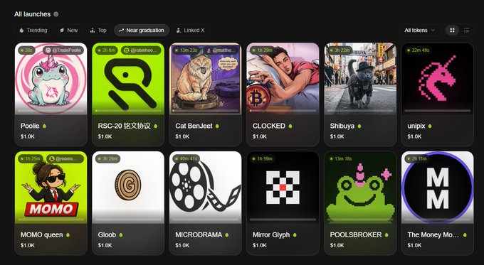 A cryptocurrency launchpad interface displaying various token listings including Poolie, RSC-20, Cat BenJeet, CLOCKED, Shibuya, unipix, MOMO queen, all priced at $1.0K.