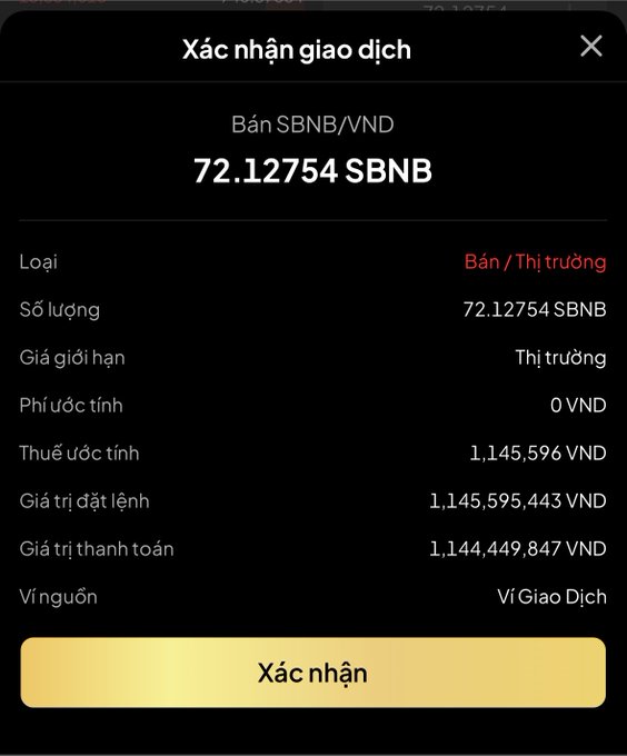 A transaction confirmation screen in Vietnamese for selling 72.12754 SBNB/VND, showing an estimated fee of 1,145,596 VND and a total order value of 1,145,595,443 VND, with a yellow "Xác nhận" (Confirm) button.