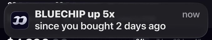A notification showing 'BLUECHIP up 5x since you bought 2 days ago' from the Robinhood app.