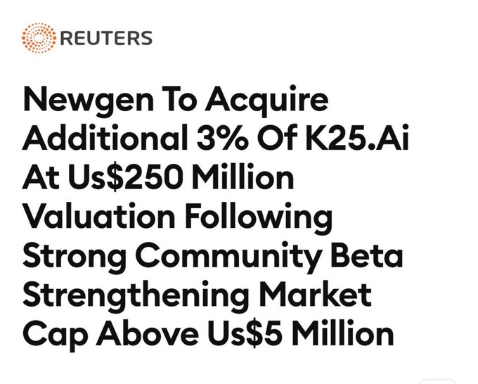 A Reuters headline announcement reads: "Newgen To Acquire Additional 3% Of K25.Ai At US$250 Million Valuation Following Strong Community Beta Strengthening Market Cap Above US$5 Million." The image supports the post announcing NewGenIVF's increased investment of $7.5 million to boost its stake in K25.ai to 13%.
