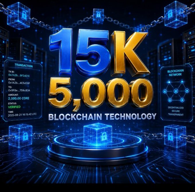 A vibrant digital graphic promoting blockchain technology, featuring glowing blue cubes connected by chains and displaying '15K' and '5,000' in large blue and gold 3D letters.