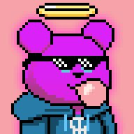 A pixel art illustration of a purple bear character wearing a halo, black sunglasses, a blue jacket, and a dollar sign necklace while holding a pink bubble gum bubble.