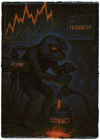 Dark illustration of a frog-like creature operating machinery labeled "PUMP," "TRANSFER," and "EXTRACT" with a red price chart in the background.