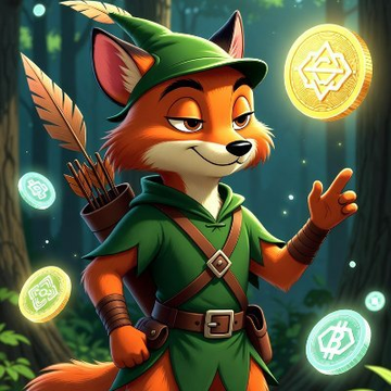 An illustrated anthropomorphic fox dressed as Robin Hood in a green tunic and hat holds a quill and gestures toward floating gold cryptocurrency coins in a forest setting.
