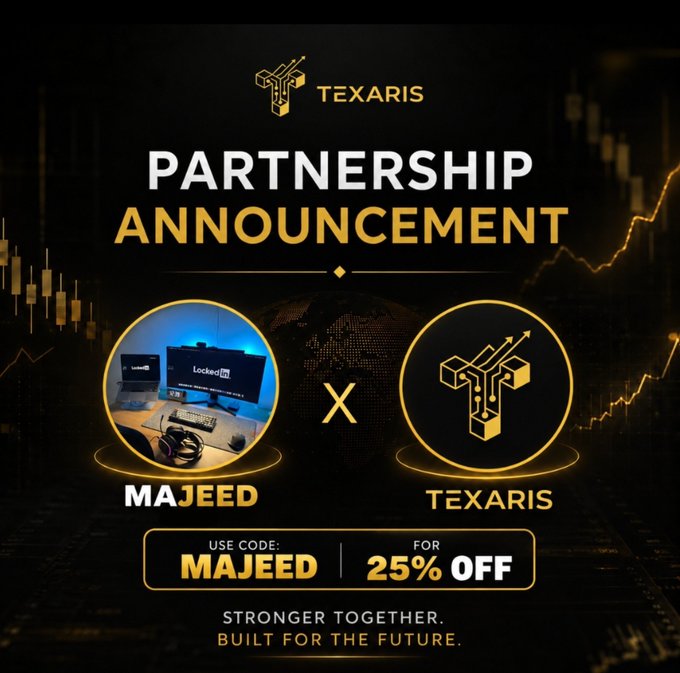 A black and gold "PARTNERSHIP ANNOUNCEMENT" graphic promotes a collaboration between "MAJEED" and "TEXARIS," offering 25% off with the discount code "MAJEED" and the tagline "STRONGER TOGETHER. BUILT FOR THE FUTURE."