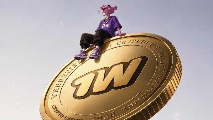 A 3D render shows an anthropomorphic pink panther character wearing a purple 'Pee' shirt sitting atop a large gold coin engraved with '1W' and crypto-related text.