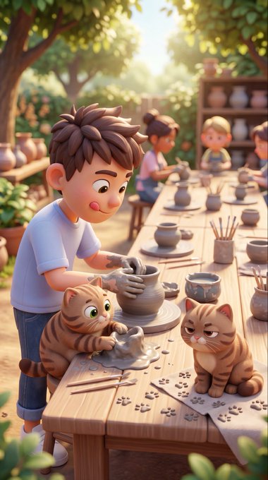 The image features a young boy sitting at a table with two cats playing around him. The scene takes place outdoors, possibly in a garden or park setting. There are several other people present in the background, but they do not appear to be directly involved with the main activity of the boy and his cats.