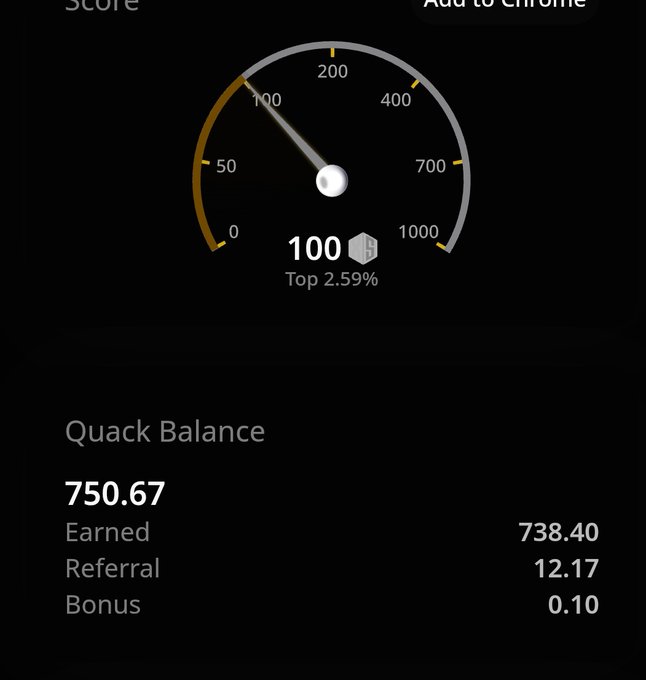 The image shows a phone screen displaying a scorecard for Quack Fam's social media platform. The scorecard indicates that the user has earned 100 points, which can be used as a reward or bonus. The app also provides information about the user's engagement on the platform and their level of participation in Quack Fam's community. This type of scoring system encourages users to actively engage with the content and interact with others, ultimately fostering a sense of connection and value within the community.
